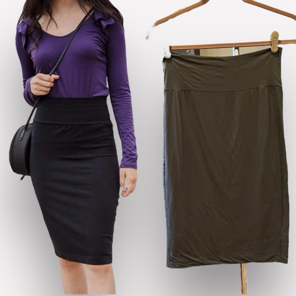 🥑Velvet by Graham & Spencer Olive Green Midi Pencil Skirt | Cotton Blend Jersey